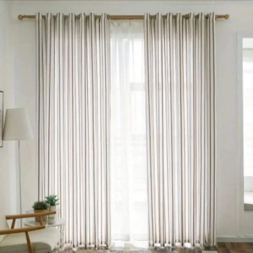 Unbranded Pair of White and Brown Striped Curtains Size 52